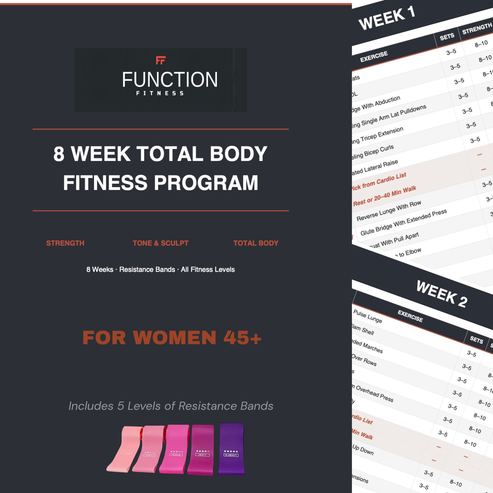 The Complete System: Women 45+: 5 Resistance Band Pack: Includes 8 Week Downloadable Fitness Program with Video Demo